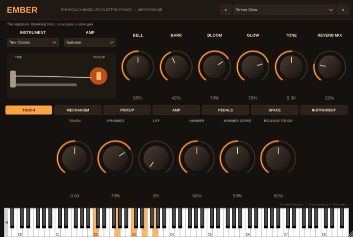 EMBER editor with the instrument, amp and touch controls above the keyboard