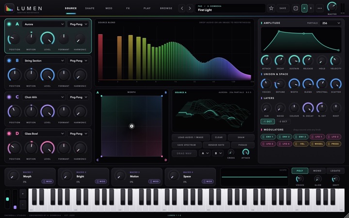 LUMEN editor on the source page with four layers and the partial spectrum