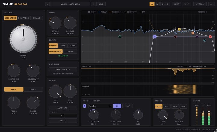 SIMLAF Spectral on its Vocal Harshness preset, with the sensitivity curve, reduction and history