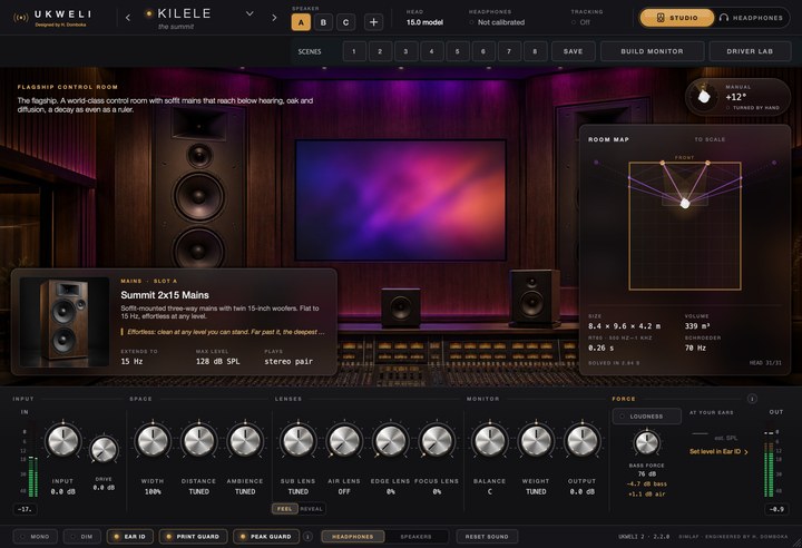 UKWELI 2.2 in the KILELE control room: the room map, the Summit 2x15 Mains speaker card, and the Space, lens and monitor knobs at their defaults