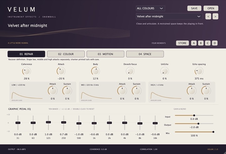 VELUM editor on the repair page with the graphic pedal EQ